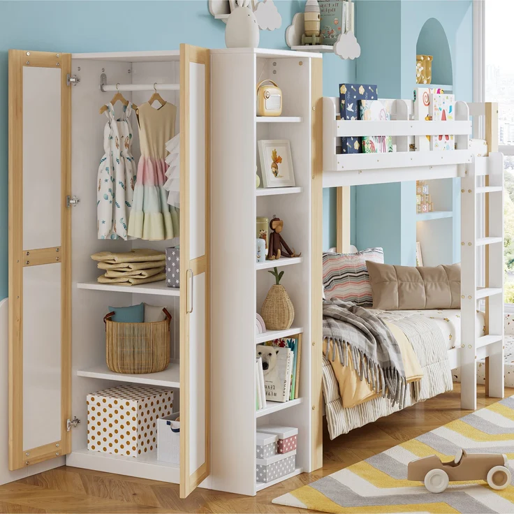 Bett Etagenbett 90x200 cm mit Stauraum und Kleiderschrank – Weiß/Natur, kinderfreundlich und platzsparend – Bild 2