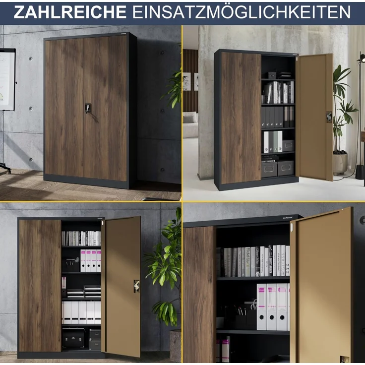 Aktenschrank abschließbar KADO - 5 Ebenen verstellbar, Flügeltüren | Metallschrank Werkstatt Mehrzweckschrank Büroschrank aus Stahl Werkzeugschrank, 185 x 115 x 40 cm Anthrazit-Nussbaum – Bild 6