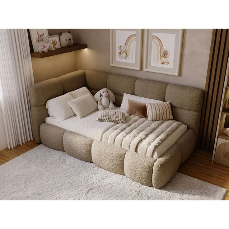 GRAINGOLD Modo One Jugendbett 90x200, Einzelbett mit Bettkasten, mit Lattenrost, Bouclé-Stoff, Rechts, Braun – Bild 4