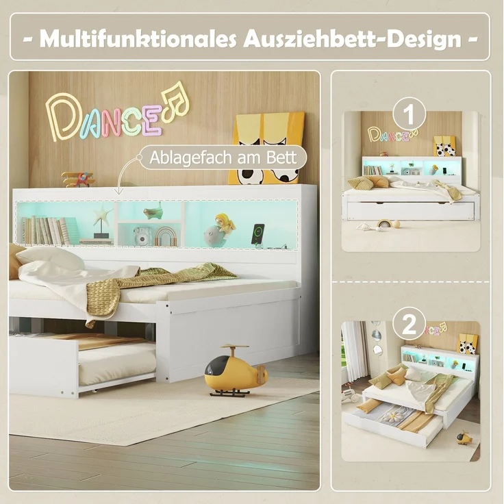 CHICFURN Bett aus Spanplatte und MDF Weiß 140x200 cm mit Ausziehbett, LED-Beleuchtung und USB-Anschlüssen – Bild 4