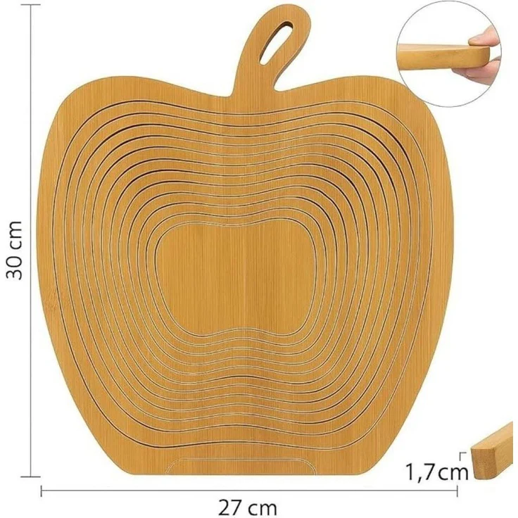 hausleben Obstschale aus Bambus 3-in-1, (1-tlg), Faltkorb, Klappbarer Korb & Schneidebrett im Apfel-Design – Bild 1