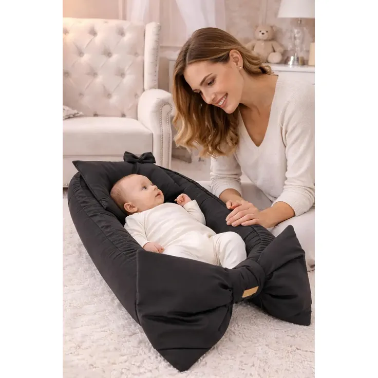 Sleepyshop24, Babynestchen mit Kissen, Kuschelnest für Neugeborene, Samt/Velvet Baby Kokon, Atmungsaktives Reisebett mit Schleife, Grau, Öko-Tex Standard 100 – Bild 3