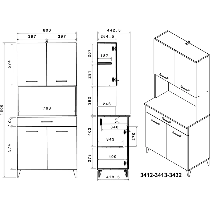 Mehrzweckschrank-Set >Malice 5< (3-teilig) Buffet + Insel + Beistellschrank, Beton Optik hell / weiß – Bild 8