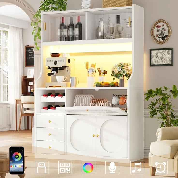 EINHOM Hochküchenschrank 120 cm mit App-gesteuerter RGB-LED, Glasschiebetüren, Weinregal & Klapptüren nach oben, 3 Schubladen, Weiß/Schwarz, Weiß – Bild 3