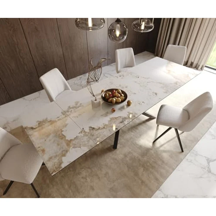 Esstisch Edge 200-300x100 Keramik Minas Melange Weiß-Beige Kreuzgestell Rechteck Schwarz ausziehbar – Bild 7