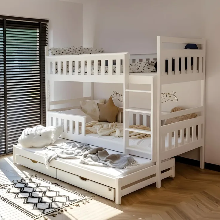 Kids Collective Hochbett 90x200 mit Ausziehbett Kinderbett mit Ausziehfunktion, zwei Schubladen Lattenrost, Rausfallschutz, mit 3 Matratzen, Vollholz in weiss