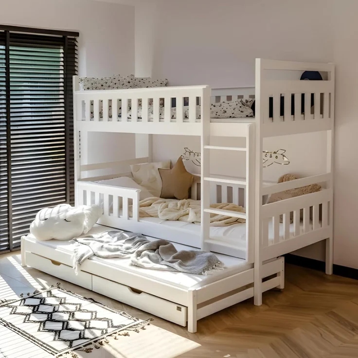 Kids Collective Hochbett 90x200 mit Ausziehbett Kinderbett mit Ausziehfunktion, zwei Schubladen Lattenrost, Rausfallschutz, mit 3 Matratzen, Vollholz in weiss