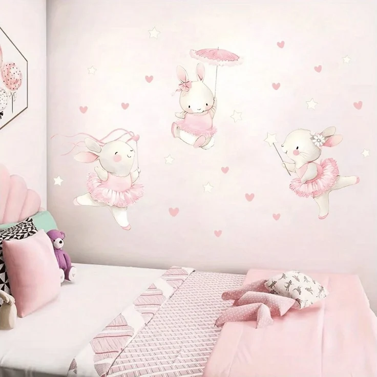 Montegoni Wandtattoo Kinder Tier Wandsticker (Dekoration Kindergarten Heimdekoration, Wandaufkleber mit Kaninchen tanzen Herz Möbel), Wandtattoo für Mädchenzimmer, Babyzimmer – Bild 2