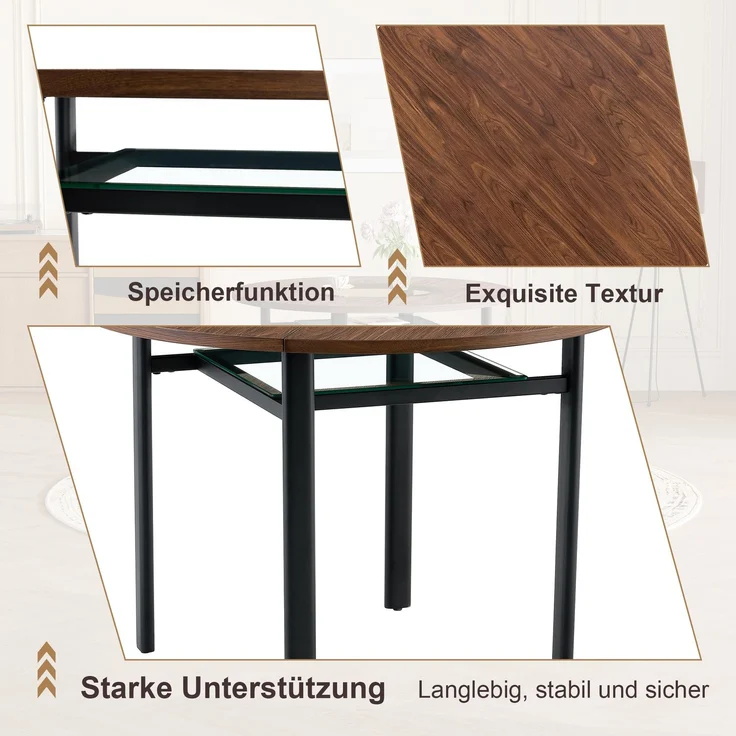 Esstisch-Set rund 100 cm Braun/Schwarz mit Glasablage, MDF-Tischplatte und PU-Stühlen – Bild 5