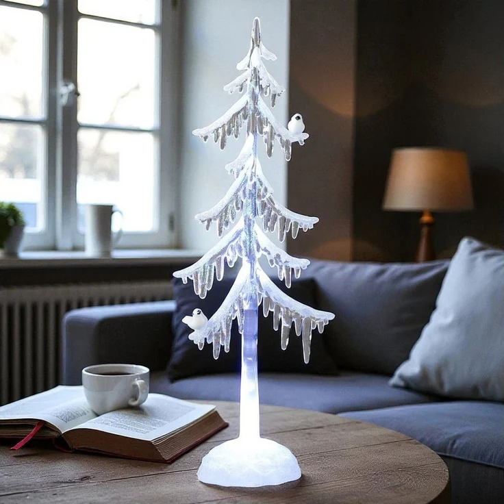 formano LED Weihnachtsbaum Acryl 25 cm Dekobaum mit Licht & Vogel – Winterdeko mit Schnee-Effekt & Eiszapfen – stilvolle Weihnachtsdeko batteriebetrieben – klare Deko für Tisch & Fenster – Bild 2