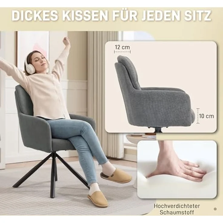 HOMCOM Esszimmerstuhl mit Leinenbezug, Armlehne, Rückenlehne, ergonomisch (360° Drehbar Küchenstuhl, 1 St), für Esszimmer Wohnzimmer, Grau – Bild 5