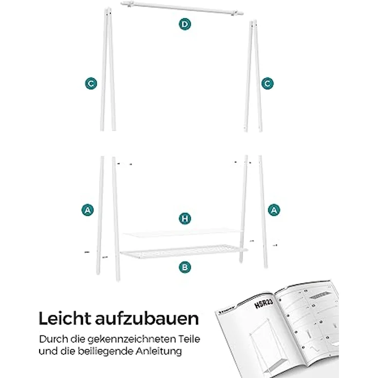 SONGMICS Kleiderständer, Garderobe, Garderobenständer, Kleiderablage, Stahlrahmen, mit Stange und Regal, 33,5 x 92,5 x 153 cm, für Schlafzimmer, Garderobe, Waschküche, Weiß HSR023W01 – Bild 8