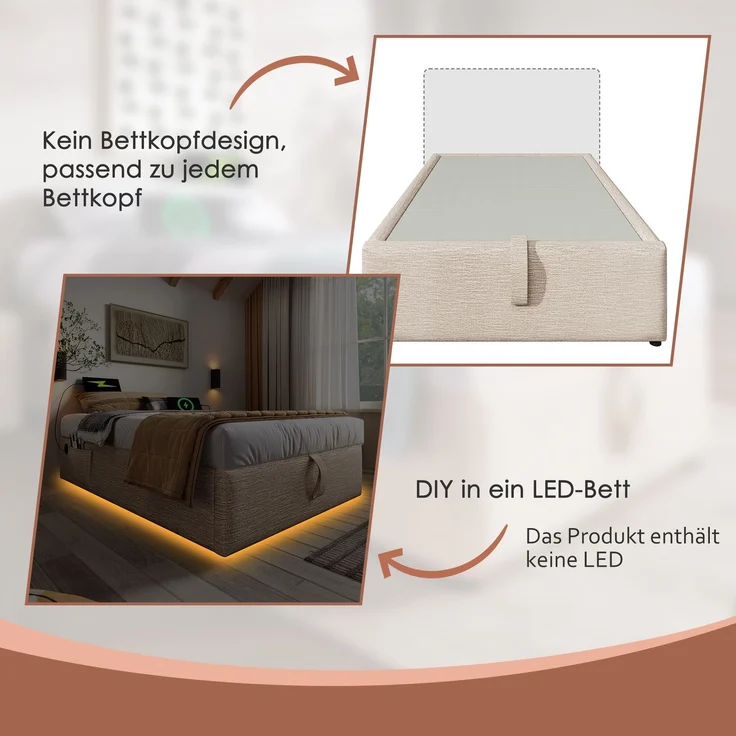 Polsterbett Einzelbett 90×190 cm, Struraumbett Bettgestell mit USB- C und Vollflächiger Lattenrost, Ohne Kopfteil, Leinen, Natürlich – Bild 9