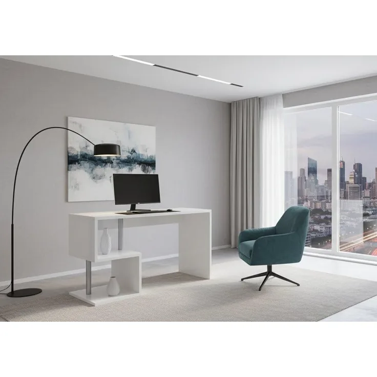 Dmora Esse moderner Schreibtisch für Büro und Arbeitszimmer mit Regal, Made in Italy, Computertisch, PC-Schreibtisch, cm 100x50h78, glänzend weiße Farbe
