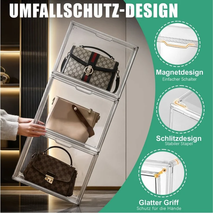 XIIW Vitrine Acryl Schaukasten Organizer Transparent Stapelbar Aufbewahrungsbox (Set, 2er Set, 40 × 25 × 30 cm) Displaybox mit Magnettür für Taschen, Schuhe & Accessoires – Bild 3