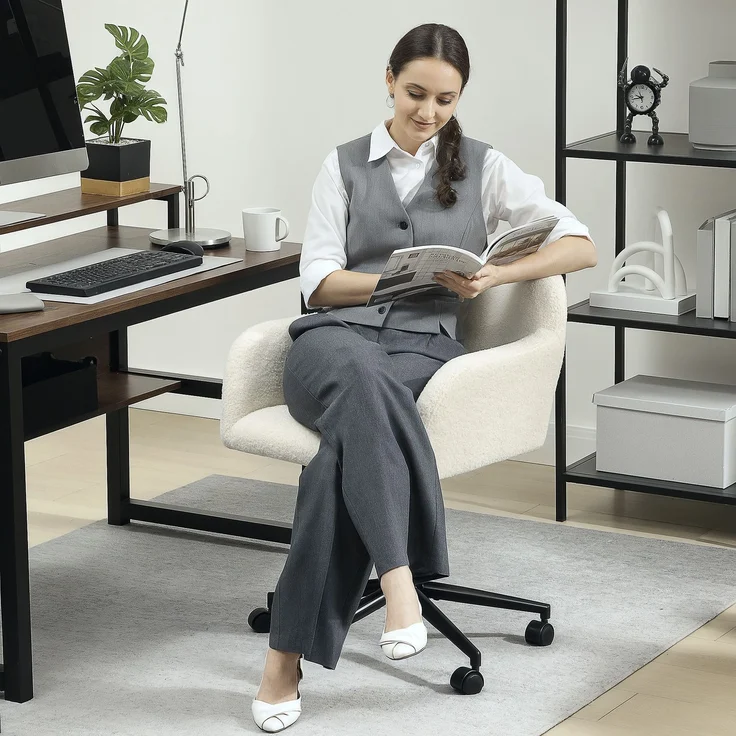 MELAYR, Drehbarer Bürostuhl mit Rollen, Schreibtischstuhl, Fleece-Stoff, Schaumstoff, 63.3 x 60.7 x 84 cm, Cremeweiß – Bild 3