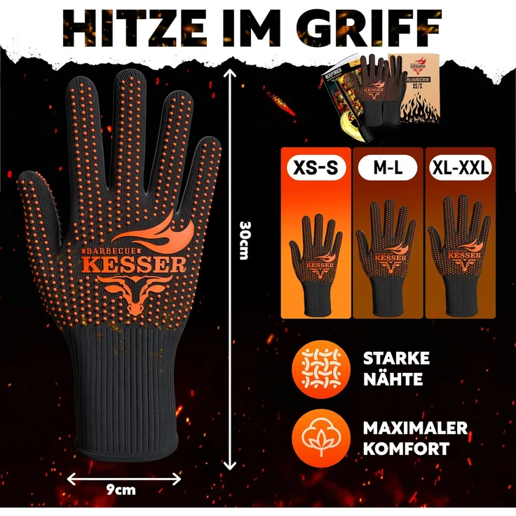 KESSER® Grillhandschuhe hitzebeständig bis 500° | Ofenhandschuhe Atmungsaktiv & mit rutschfestem Griff | Topfhandschuhe aus Aramid-Gewebe | Kamin-Handschuh Maschinenwaschbar Schwarz / Orange, XS-S – Bild 2