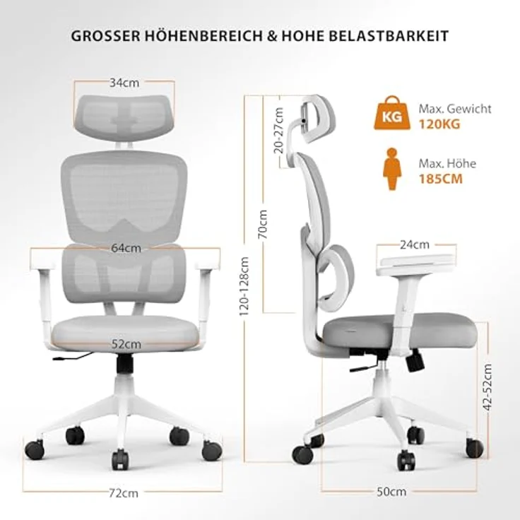 SENSE7 VENO Ergonomischer Bürostuhl – Atmungsaktive Netzlehne, Verstellbare Kopfstütze & Armlehnen, Leise Gummirollen, Modernes Design, Komfort für 190 cm & 120 kg Nutzer – Bild 4