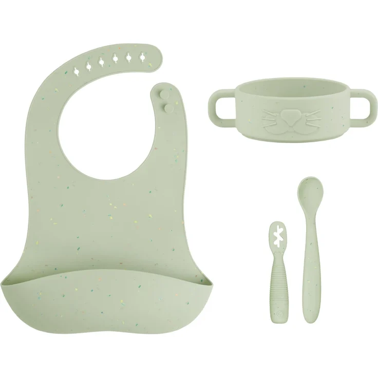 Babymoov Baby Geschirrset Mini Arty - ab 4 Monate - 4er Set Silikon, Baby Lätzchen, 2x Babylöffel, Schüssel, BPA-frei, Spülmaschinenfest