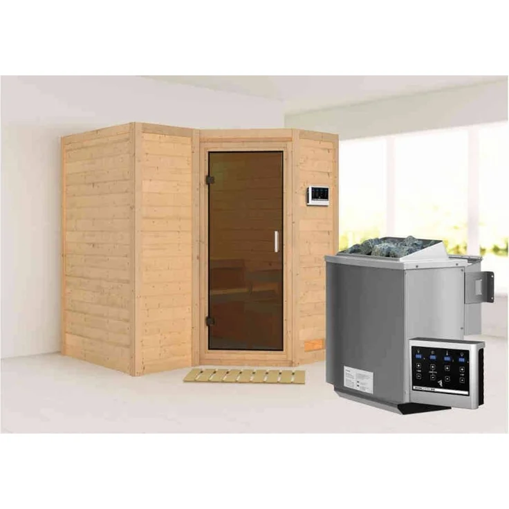 Karibu Sauna Sahib 1 + 9kW BIO-Kombiofen mit ext. Steuerung Easy Graphit-Ganzglastür – Bild 1