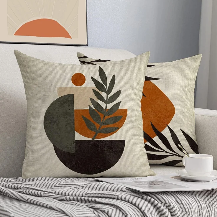 Boho Kissenhüllen 45×45 cm 4er-Set Abstrakte Sunset Plant Olive, Minimalist Modern Art, Bohemian Dekoration – Bild 5
