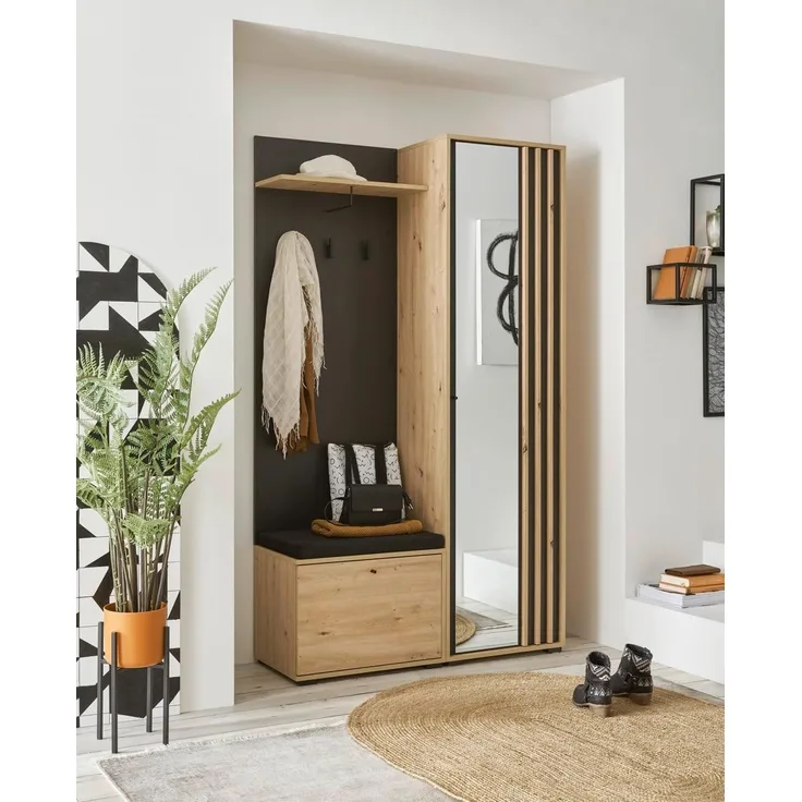 moebel-dich-auf Kompaktgarderobe VOLAM (Paneel + Sitzbank + Garderobenschrank, in Artisan Eiche Nb. / schwarz) 114 cm breit
