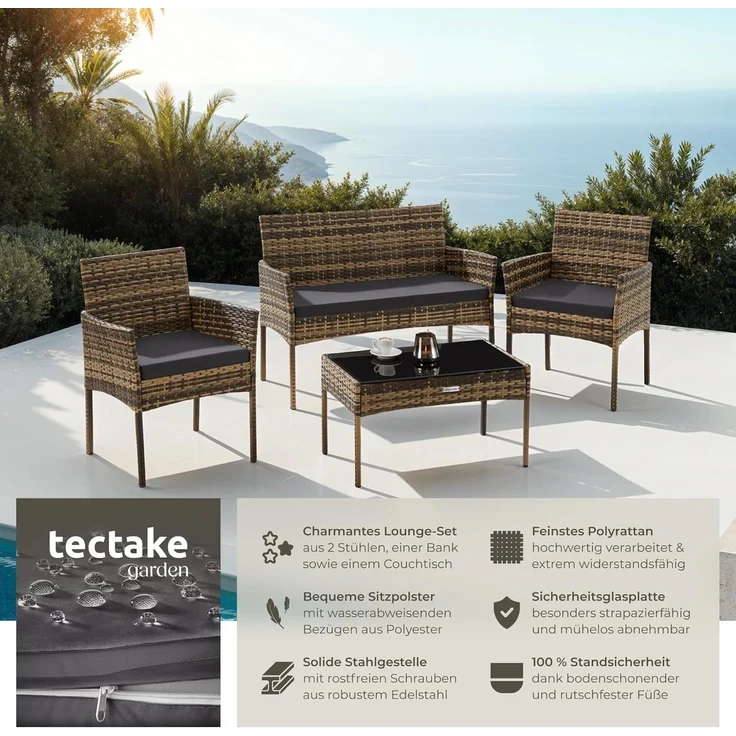 tectake Sitzgruppe Rattan Gartenset, (Set, 4-tlg), Wasserabweisende, abnehmbare und waschbare Polyesterbezüge – Bild 2
