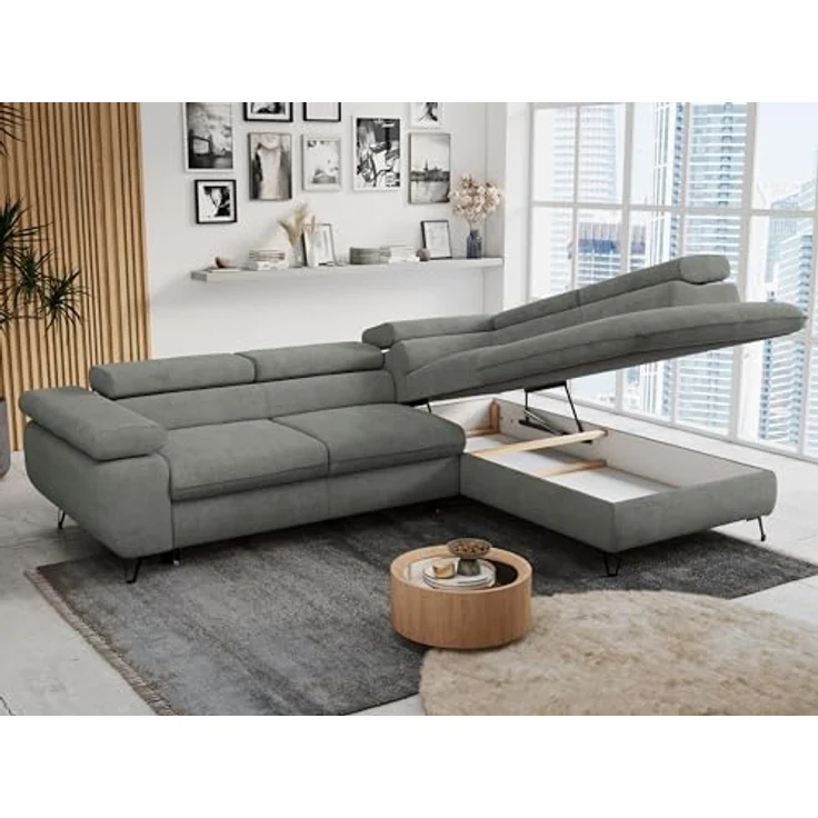 Mks Möbel 'Peter L-form' Ecksofa mit Bettfunktion, Bettkasten & einstellbaren Kopfstützen, Grau, Stoff, rechts – Bild 5