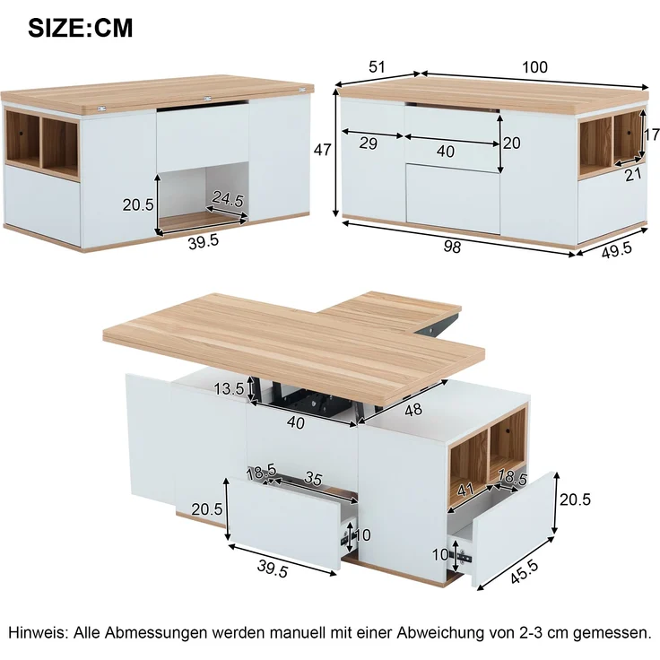 Höhenverstellbarer Couchtisch, Weiß & Holz, 100x51x47 cm, mit 2 Schubladen – Bild 10