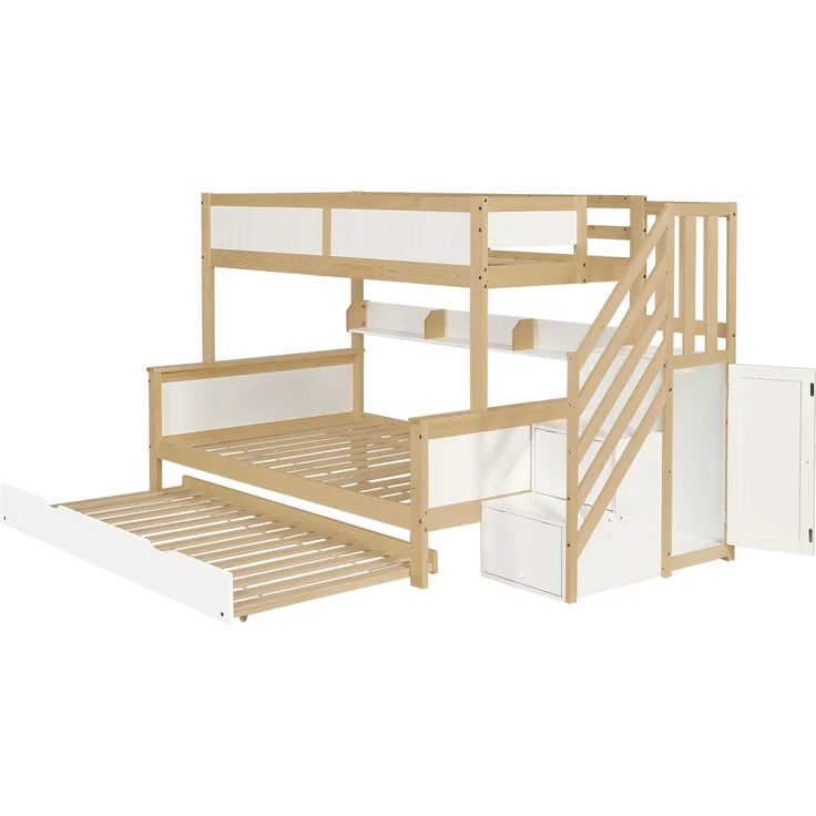 Merax 90x200&120*200cm Etagenbett, Kinderbett, mit Fallschutz und Gitter, Entworfen mit drei Bettpositionen, mit Rollbett, mit Kleiderschrank, Ecktreppe, Kiefer+MDF, Weiß+Natur – Bild 9