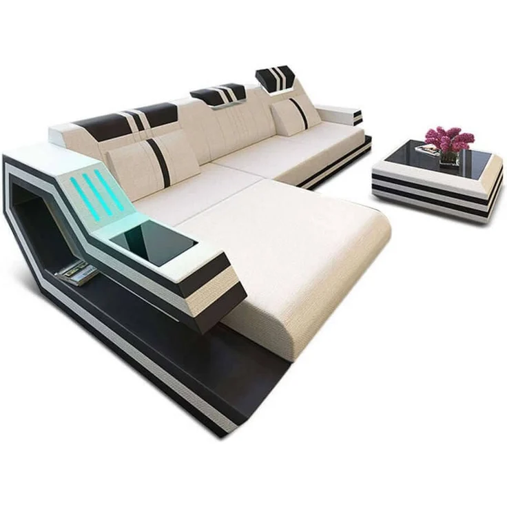 Sofa Dreams - Polstersofa Materialmix Ravenna L-Form LED - Mikrofaserstoff - Taupe-Weiß - Links – Bild 8