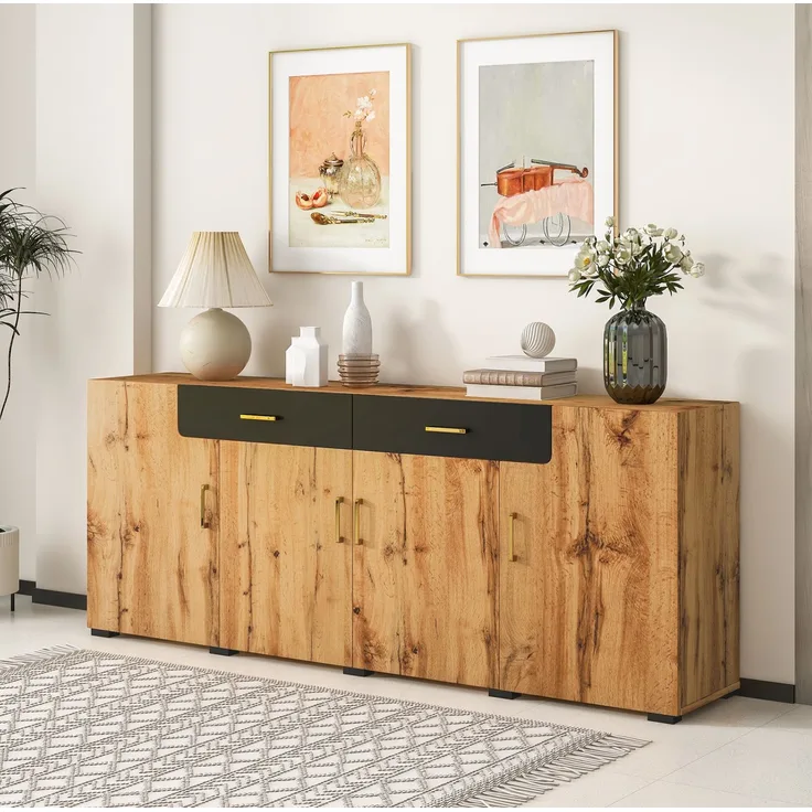 DESVIAE Sideboard mit 4 Türen und 2 Schubladen, 208x80x39,5 cm, Spanplatte und MDF, Weiß/Braun