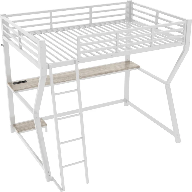 Hochbett, 90*200cm , Mit LED-Leuchten, Computerkonsolenablage, Schreibtisch, Steckdose+USB, Geländer, Treppe, ohne Matratze, Weiß – Bild 9