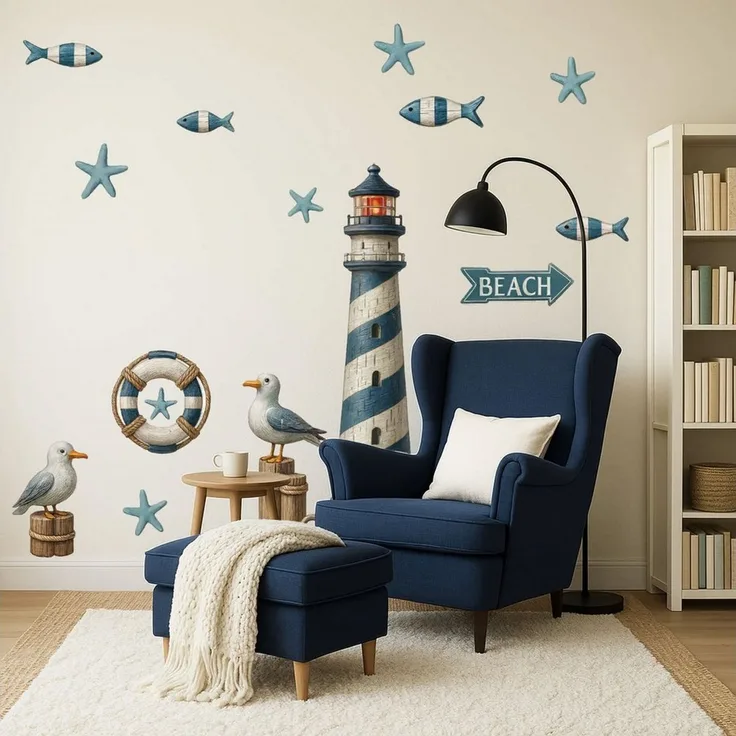 Sunnywall Wandtattoo Aufkleber Maritim Set – Leuchtturm, Möwen, Anker & Seesterne, selbstklebend, konturgeschnitten, rückstandslos entfernbar
