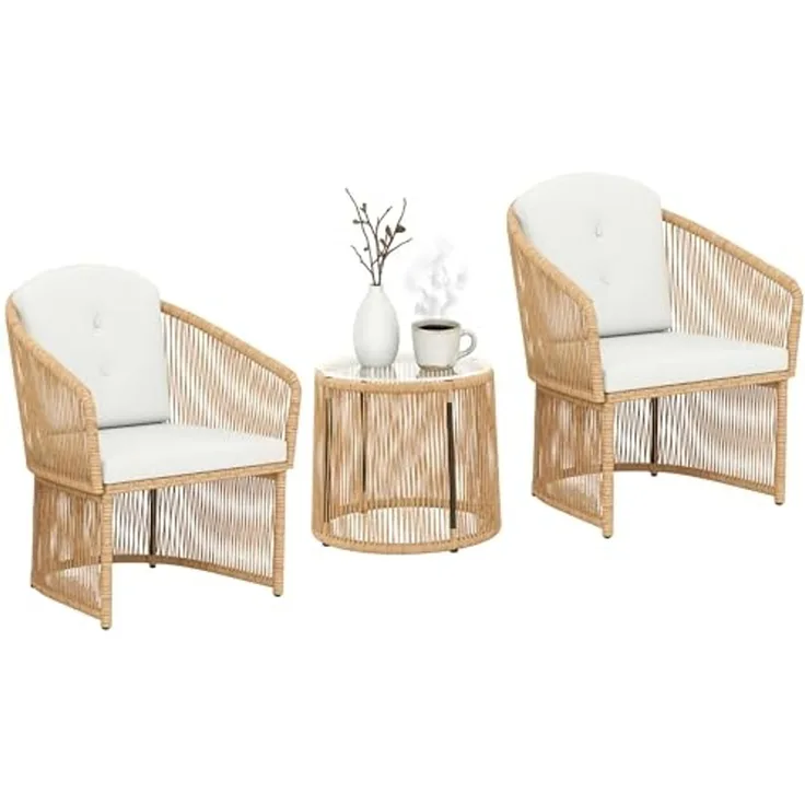 Outsunny Sitzgruppe Rattan-Bistro-Set, (Set, 3-tlg, 1 Tisch, 2 Sessel), Rattan-Bistro-Set mit Kissen