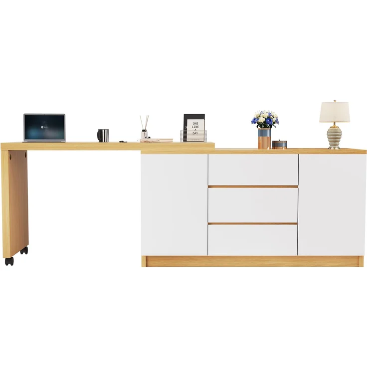 Schreibtisch mit feststellbaren Rollen – multifunktionales Design, 4 cm dickere, drehbare Tischplatte, fest arretierbar, weiß/Eiche, Faltbarer Schreibtisch, Eckschreibtisch, Sideboard,Dicke Materialie--Eiche, Weiß2--120x50x76.5cm--YOUDENOVA – Bild 10