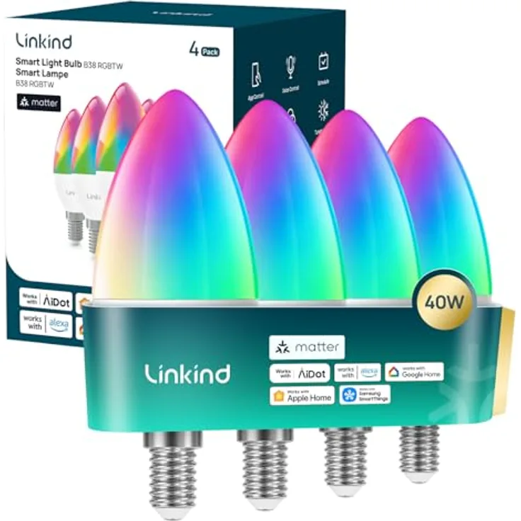 Linkind Matter Smart Alexa Lampe E14 Kerze CRI90+, RGBTW & 16Mio. Farben, 1-100% Dimmbar, Dotis+ AI Technologie, 1800K-6500K, Musik-Sync & Timer, B38/C38, 4.8W, 470LM, 4 Stück