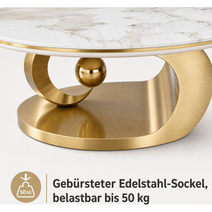 Ovaler Couchtisch mit Glasplatte in Marmoroptik, 120x67x45 cm, Gold/Weiß – Bild 8