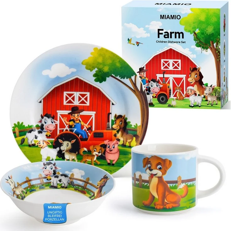 MiaMio Kindergeschirr-Set Farm Motiv Grün (3-tlg), 1 Personen, Keramik, Teller, Schüssel und Tasse mit Kindermotiv – Bild 2