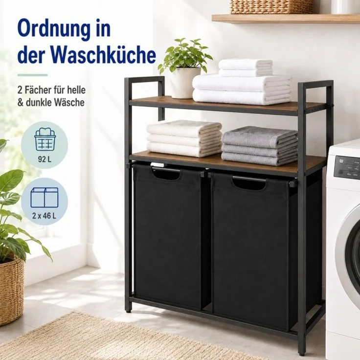 Relaxdays Wäschekorb mit 2 Fächern & Ablagen – Bild 2