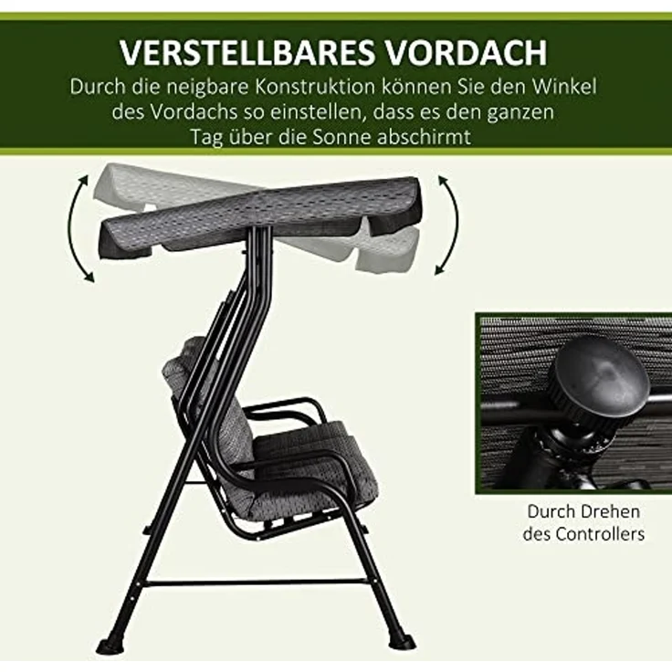 Outsunny Hollywoodschaukel Gartenschaukel mit Sonnendach, 3-Sitzer, Bettfunktion, Hollywoodschaukel, 1 tlg, Gartenschaukel, für Garten, Balkon, Schwarz – Bild 3