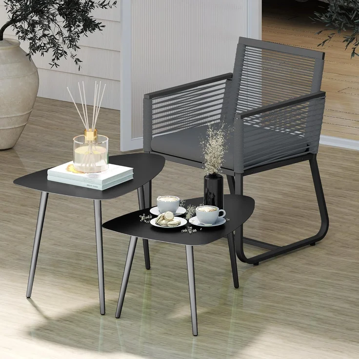 Outsunny Beistelltisch im Geometrischem Design (wetterfest Balkontisch, 2-St, 2er Set Couchtisch), aus Stahl, für Garten, Terrasse, Balkon, Schwarz – Bild 9