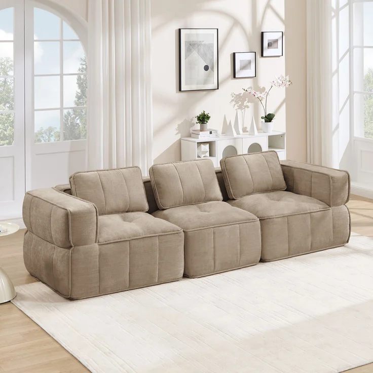 EINHOM Modulares 3-Sitzer-Sofa, stützenloses Design, 32D-Schaumstoff hoher Dichte, bequemer Stoff, geeignet für das Wohnzimmer, rutschfestes Design, keine Montage erforderlich, Sand – Bild 4