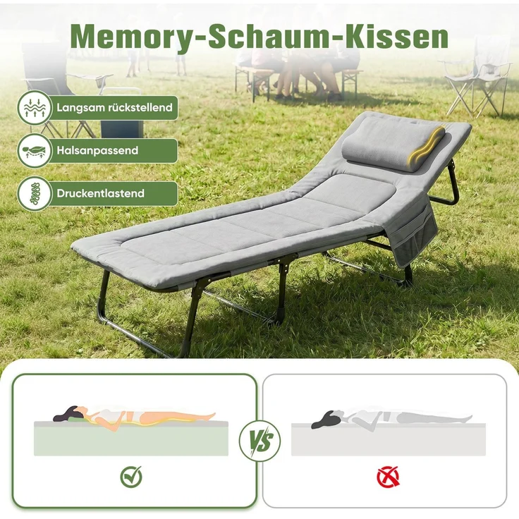 Sekey Feldbett Verstellbar Campingbett Klappbar Gästebett mit Matratze und Kissen, 193 x 70 x 29 cm, Grau – Bild 3