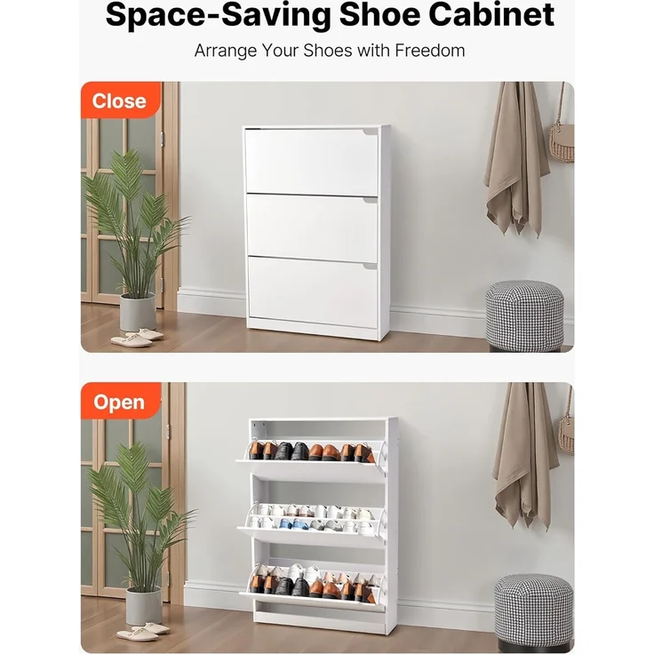 VEVOR Schuhschrank mit 3 Klappen, platzsparender Schuhkipper, freistehender Schuhregal-Organizer für den Eingang Flur Wohnzimmer Veranda, modernes Schuhregal 800 x 220 x 1165 mm Weiß – Bild 6