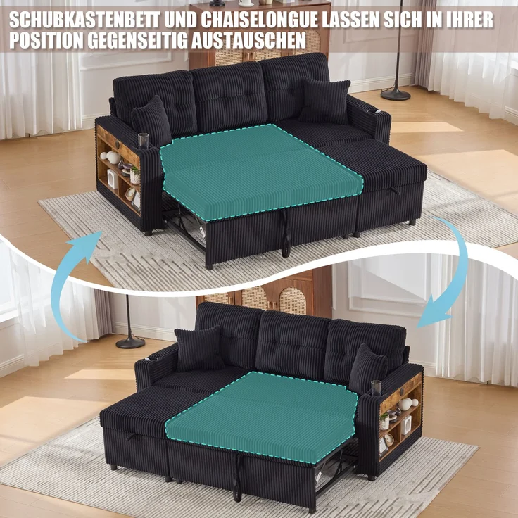 ZUBALIYA Sofa 144x85 cm, mit LED - Beleuchtung, mit USB - Anschluss, mit Stauraum, mit Ablageflächen, mit Ausziehbett – Bild 5