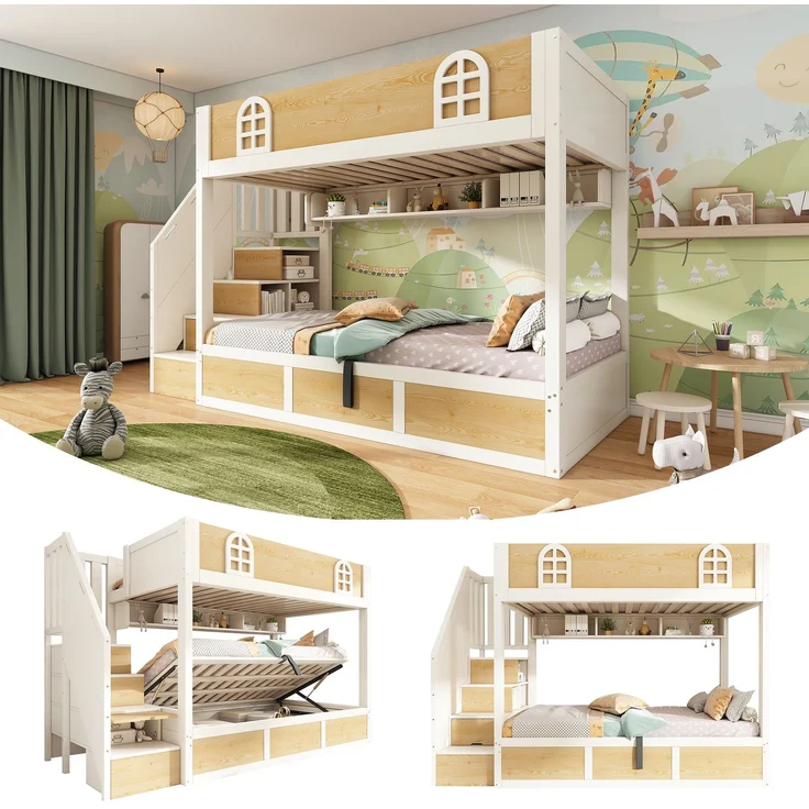 Merax Etagenbett 90x200 cm Kinderbett, Jugendbett, mit Treppenschrank und Stauraum, Doppelstockbett in Weiß und Natur mit Sicherheitsgeländer und Lattenrost, platzsparendes Bett – Bild 3