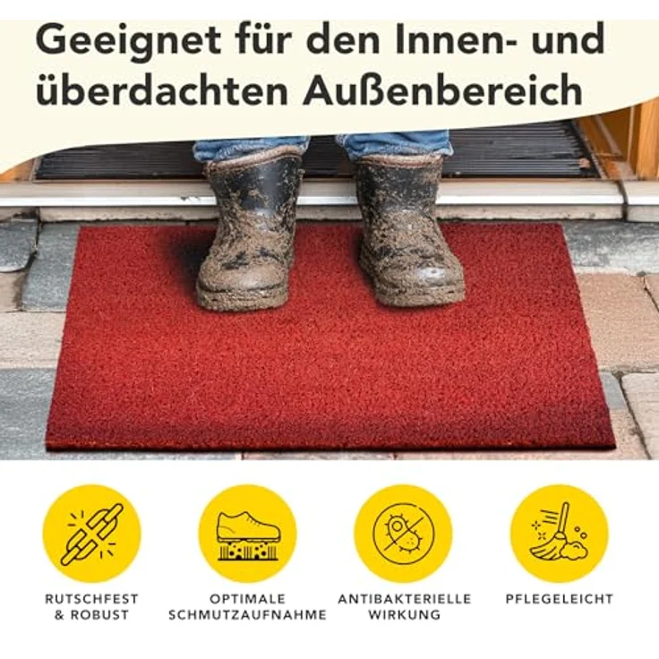 KARAT Fußmatte für Außen und Innen,40x80 cm Rot 17mm Höhe, Türmatte aus Kokos, Schmutzfangmatte, Kokosmatte mit Rutschfester Rückseite für Haustür, Eingang – Bild 3