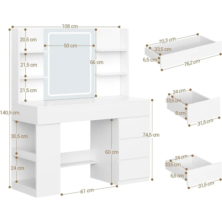 Hzuaneri Schminktisch mit HD-Spiegel und LED-Beleuchtung, 5 Schubladen, 6 Offenen Fächern, Seitlichen Ablagefächern, Modern, Weiß, 140,5 x 40 x 108 cm – Bild 9
