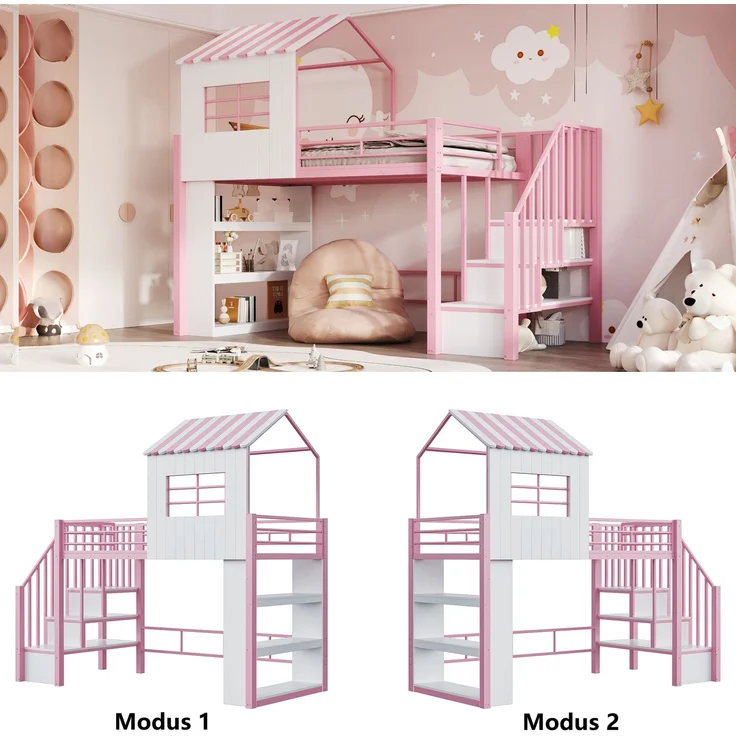 Merax Hochbett 90×200 cm, Kinderbett, Jugendbett, Hausdesign, Mehrstöckiges Stauraumregal, Sichere Treppe (montierbar links/rechts), Rosa – Bild 5